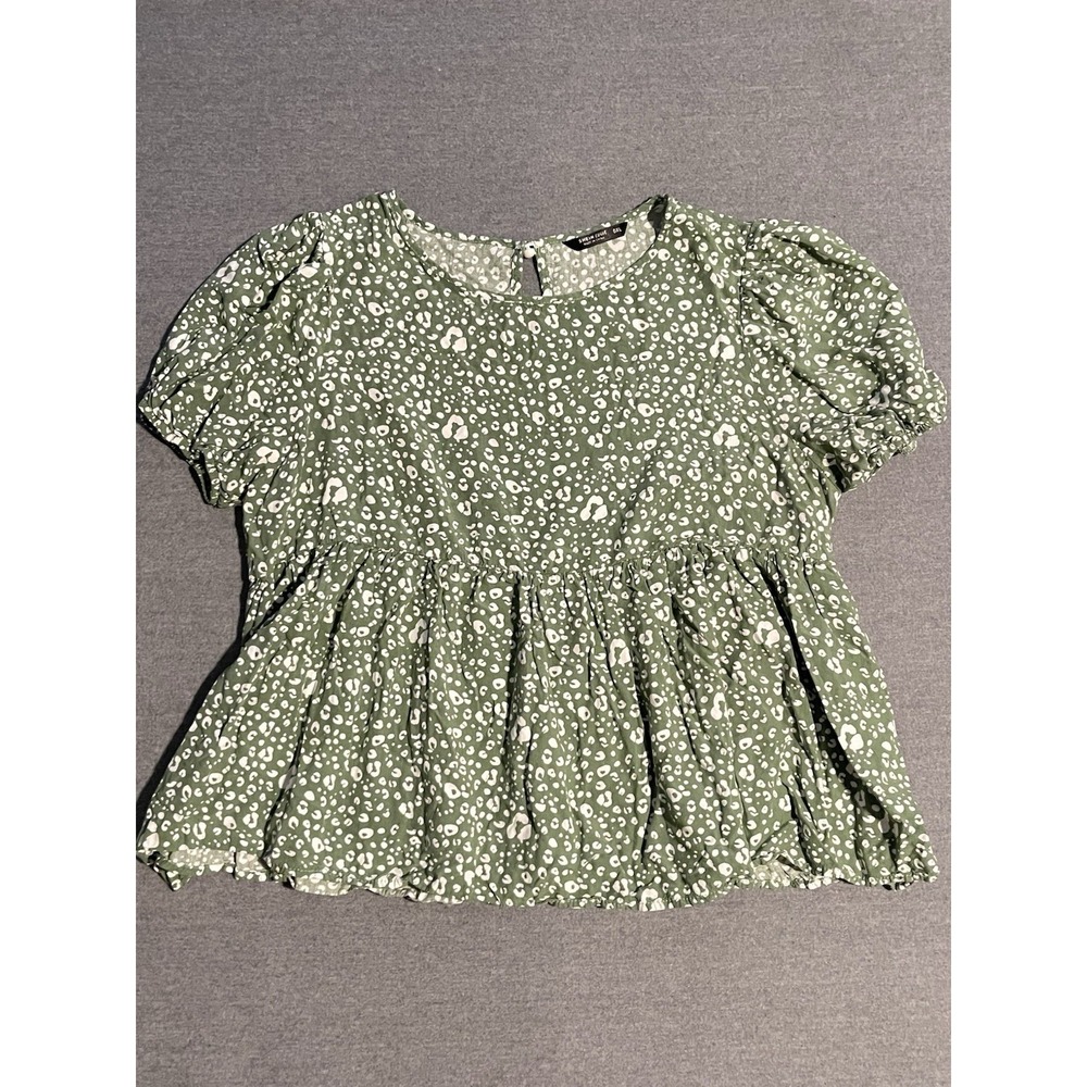 SHEIN Curve Green Babydoll Top 0XL Plus Size Flowy Blouse Puff Sleeve Casual Top